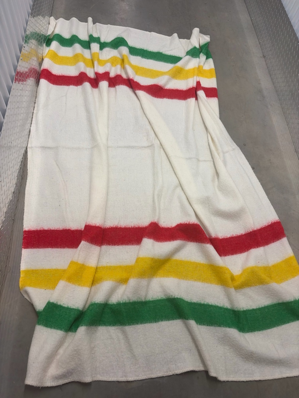 Vintage Cozy White Blanket with Green, Yellow & Red Stripes‎